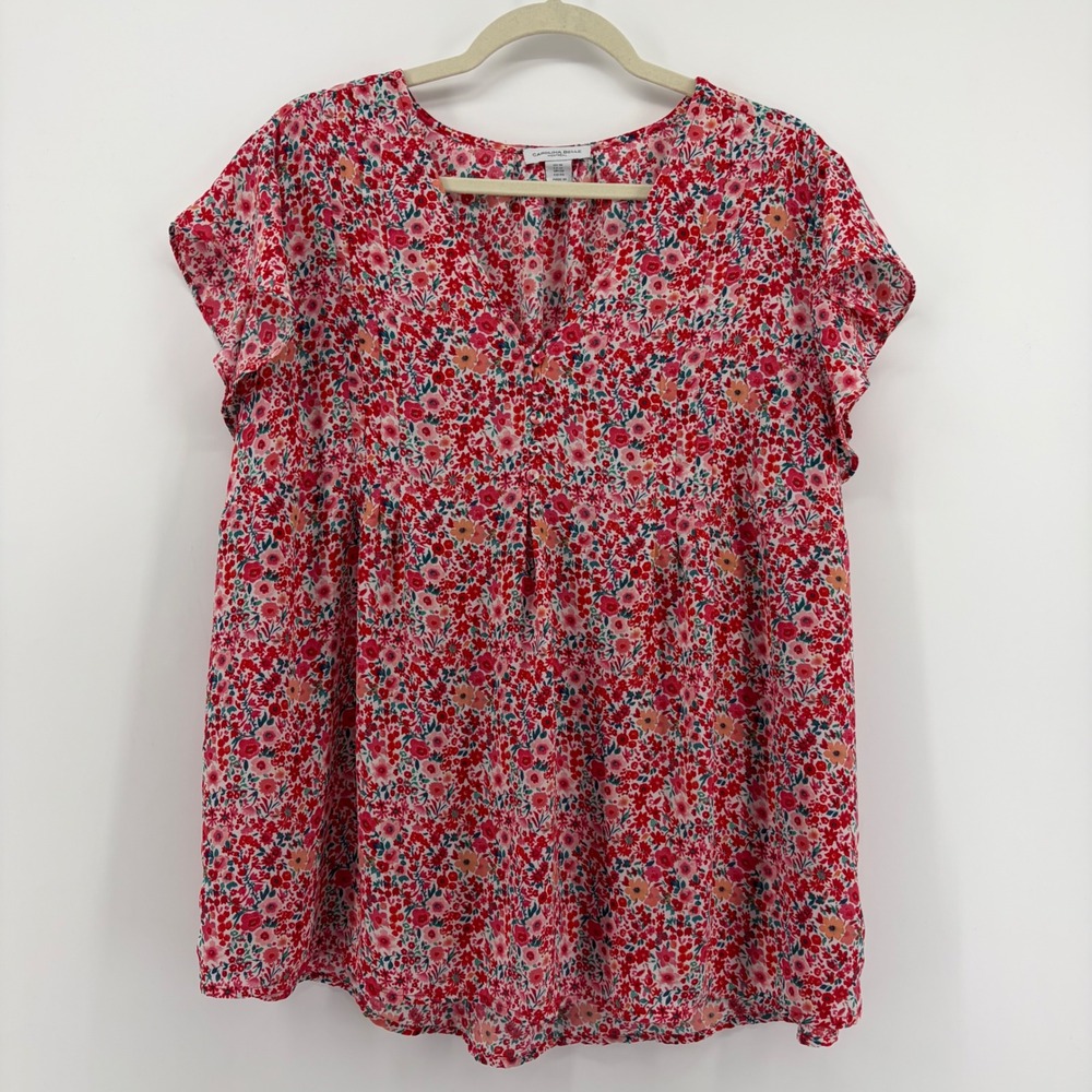 Carolina Belle Womens 1X Red Floral Blouse V-Neck Flutter Sleeve Pleated Top
